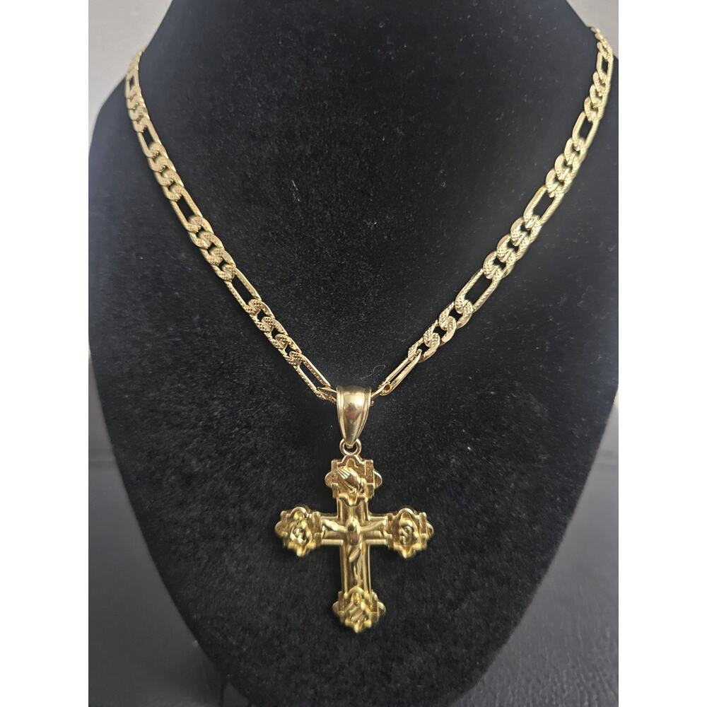 24in Gold-Plated brass-5.7mm frosted Figaro Chain w/Cross Pendant Charm - Picture 2 of 7